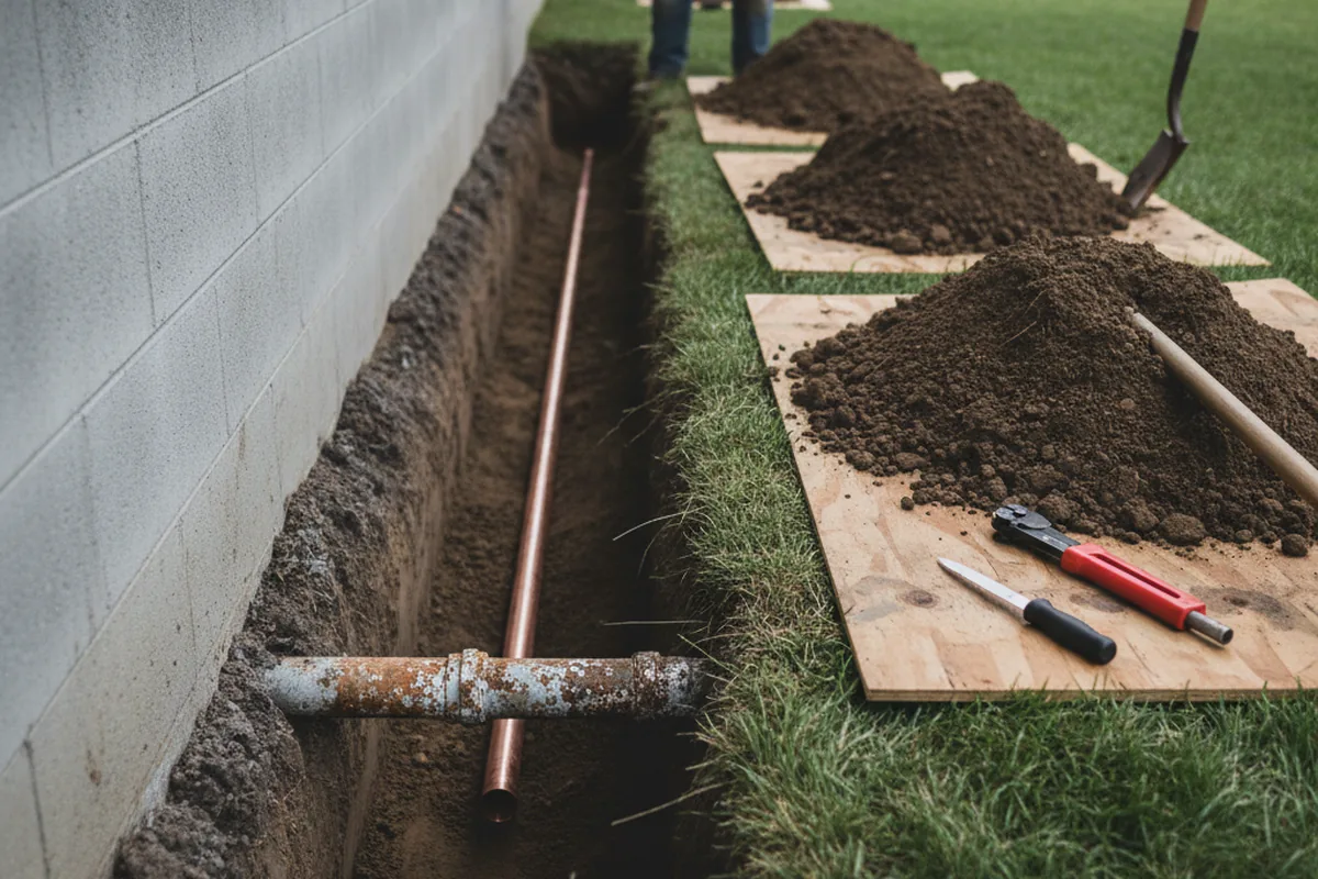 Excavated water line trench during Sewer Line Repair in Abita Springs